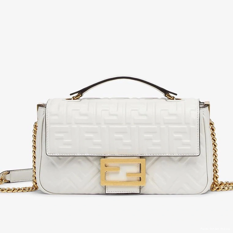 Affordable In Baguette FF Midi Fendi White Leather Bag Chain Nappa Motif 0716
